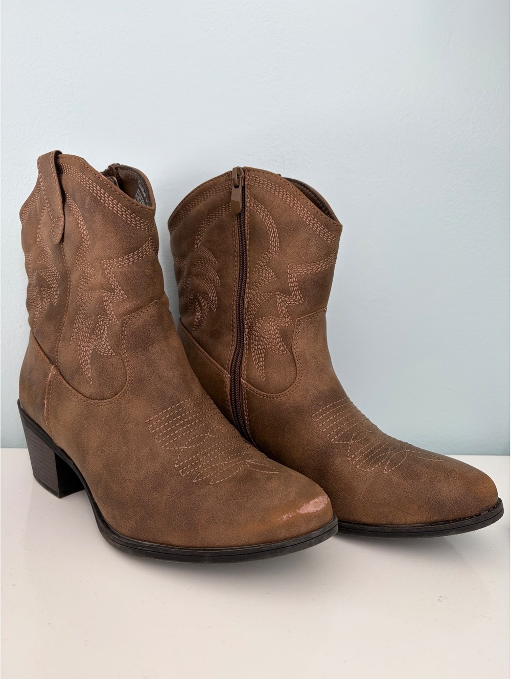 Global Win Women's Brown Cowgirl Ankle Boots, Size 8